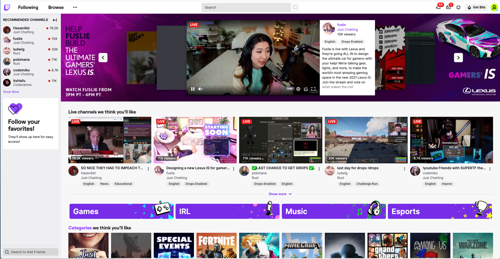 Fuslie in the homepage headliner on twitch.tv