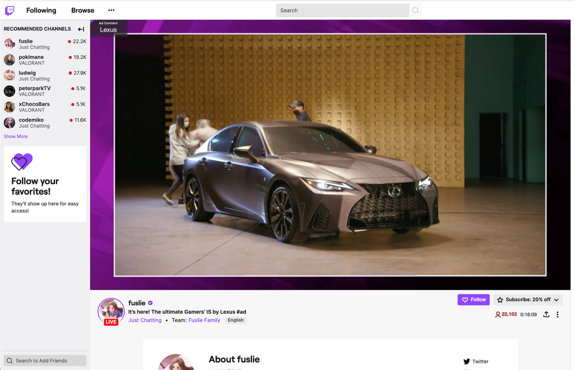 Fuslie's channel on twitch.tv with an image of the Lexus IS car